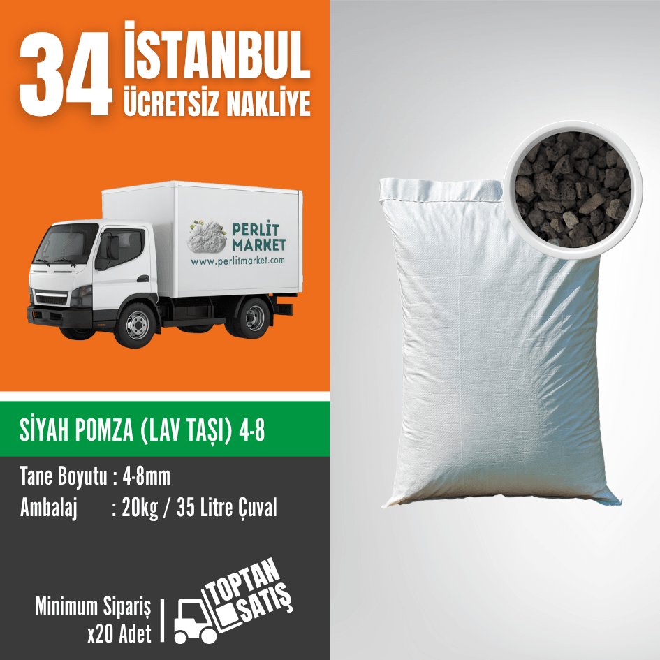 8–16 mm Siyah Pomza (Lav Taşı) | 35 Litre (20 kg) – İstanbul Nakliye Dahil